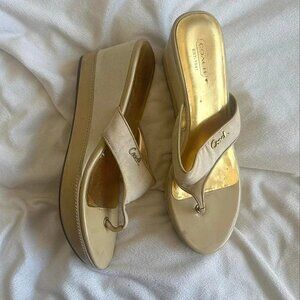 Beige Metallic Gold Fabric Thong Platfom Wedge Sandal 6.5